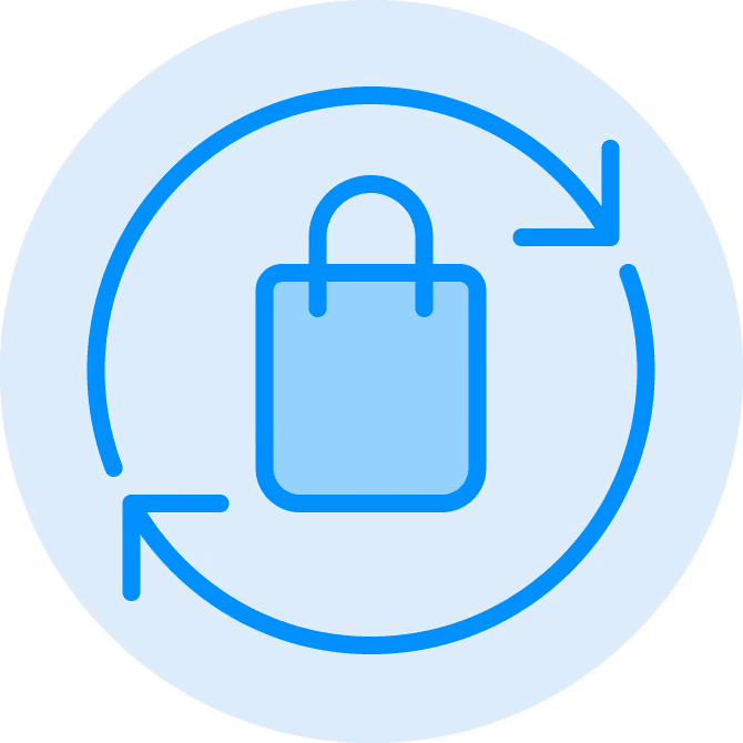 Blue shopping bag icon with circular arrows around it on a light blue background.