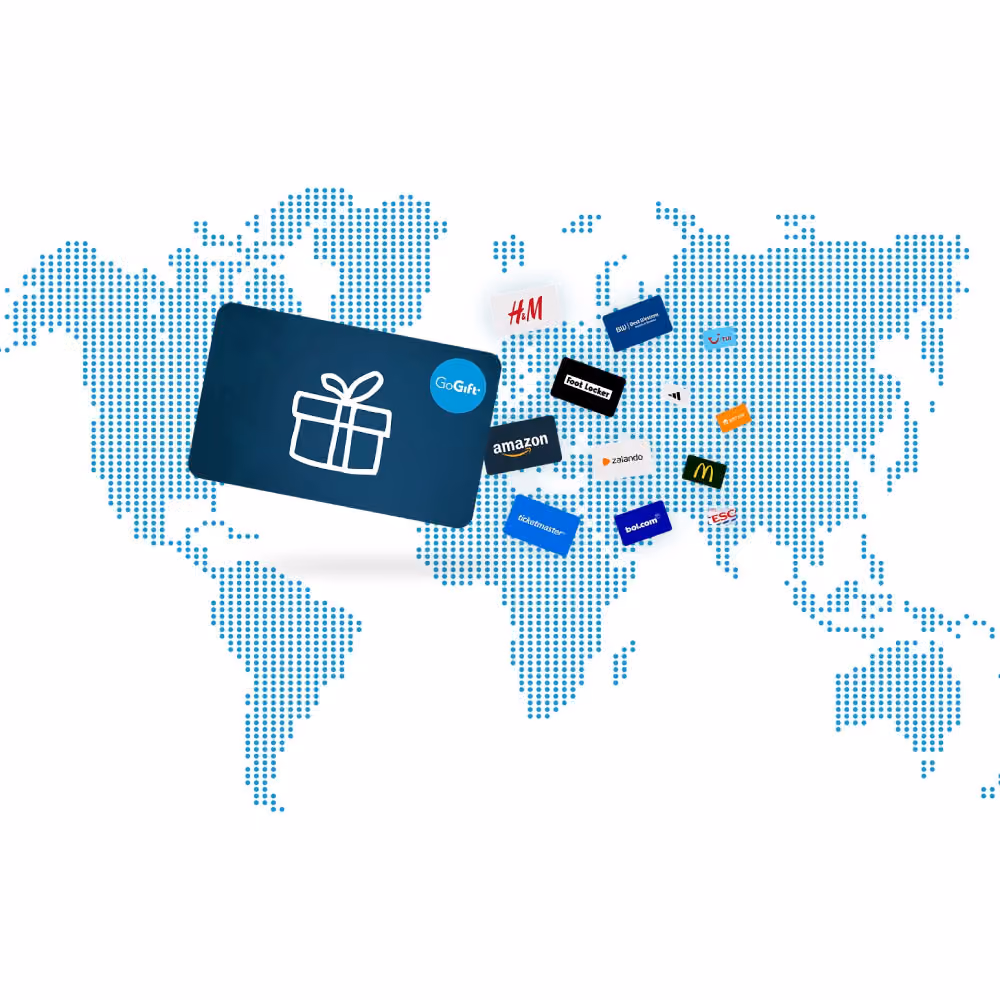 The Global Gift Card over a world map illustration with global retail brand logos