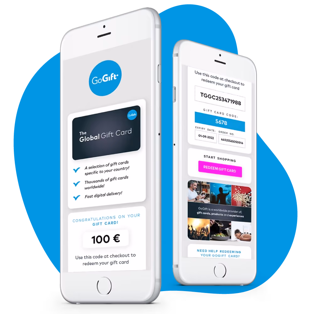 Mobile screens showing The Global Gift Card and redemption code