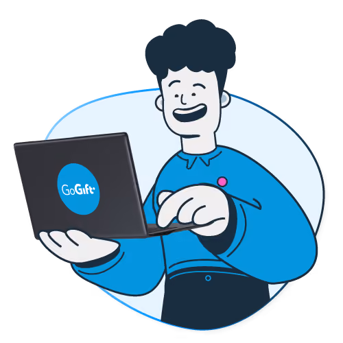 Illustration of a smiling person holding a laptop with a blue GoGift logo on the screen.