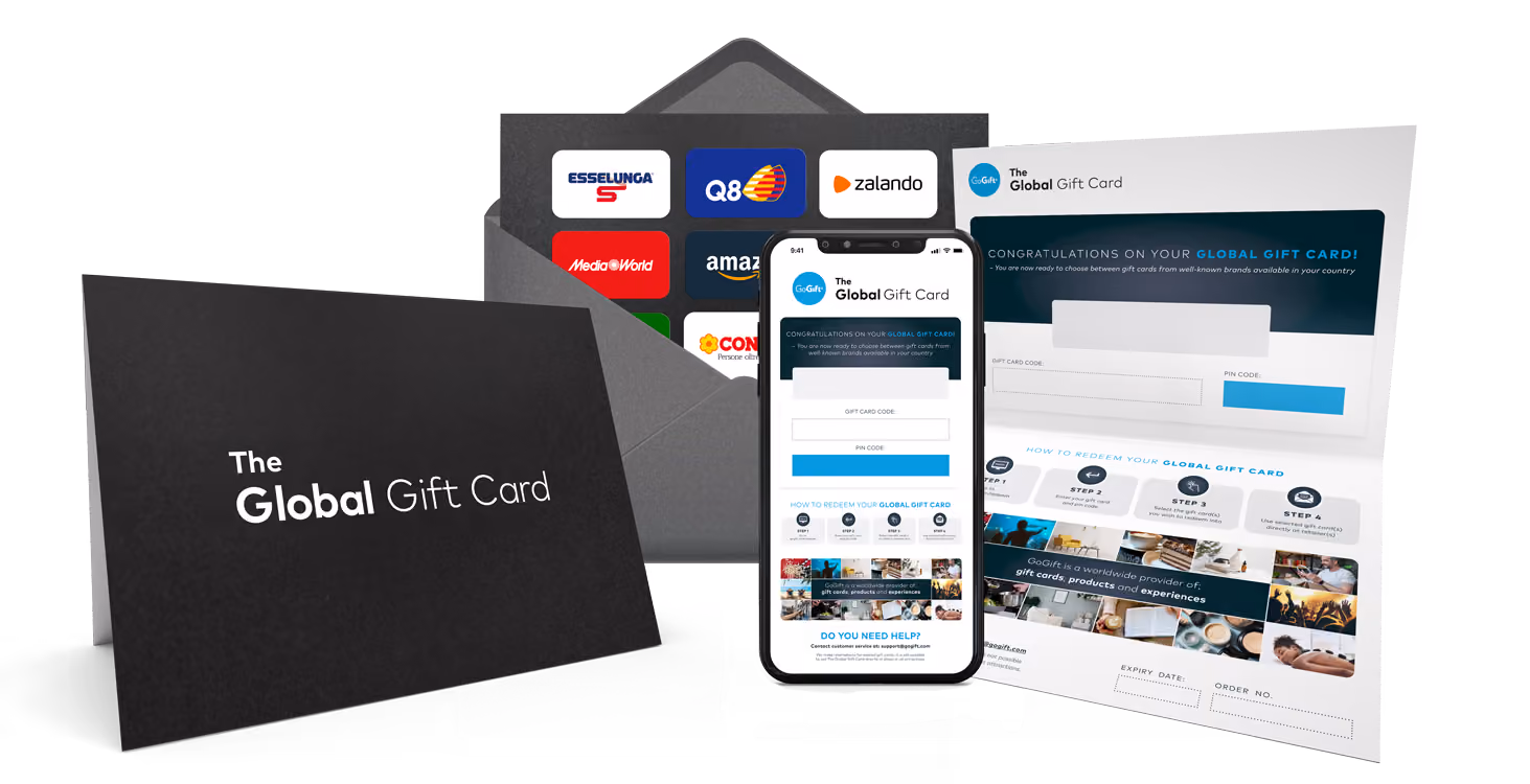 GoGift Global Gift Card shown on mobile and laptop screens