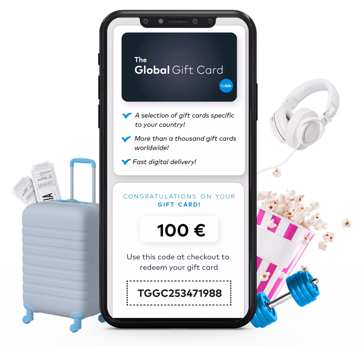 GoGift Global Gift Card shown on mobile and laptop screens