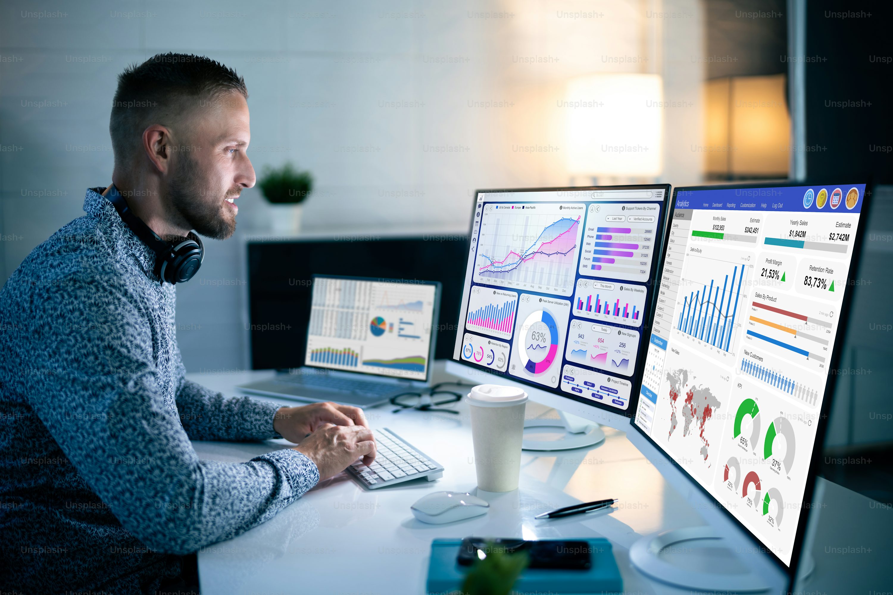 Business Analyst Working Late Using KPI Dashboard
