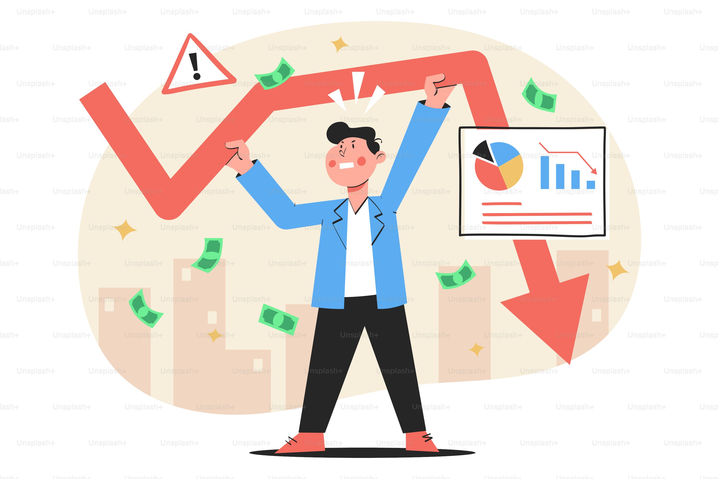 A man standing in front of an upward arrow