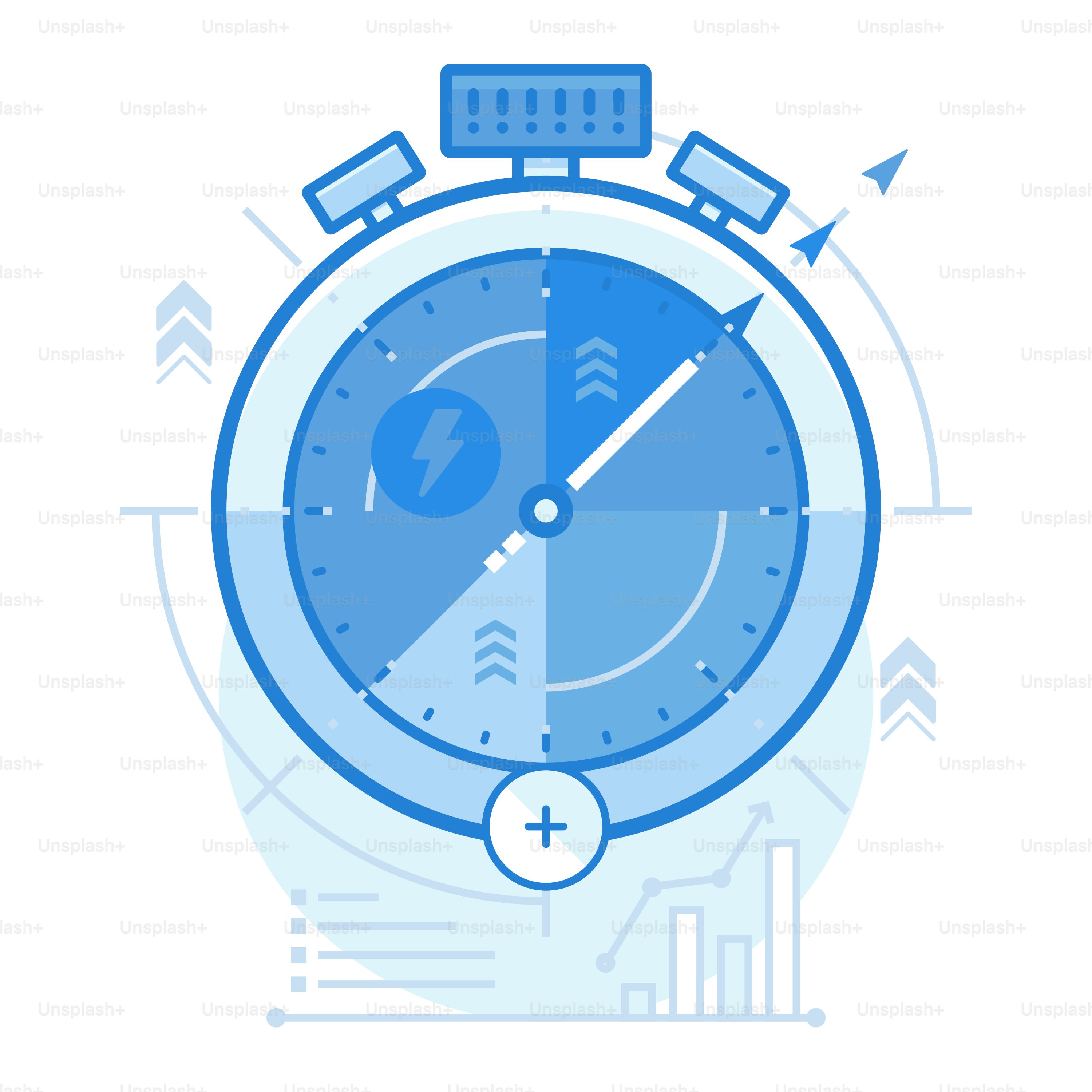 A blue alarm clock with arrows around it