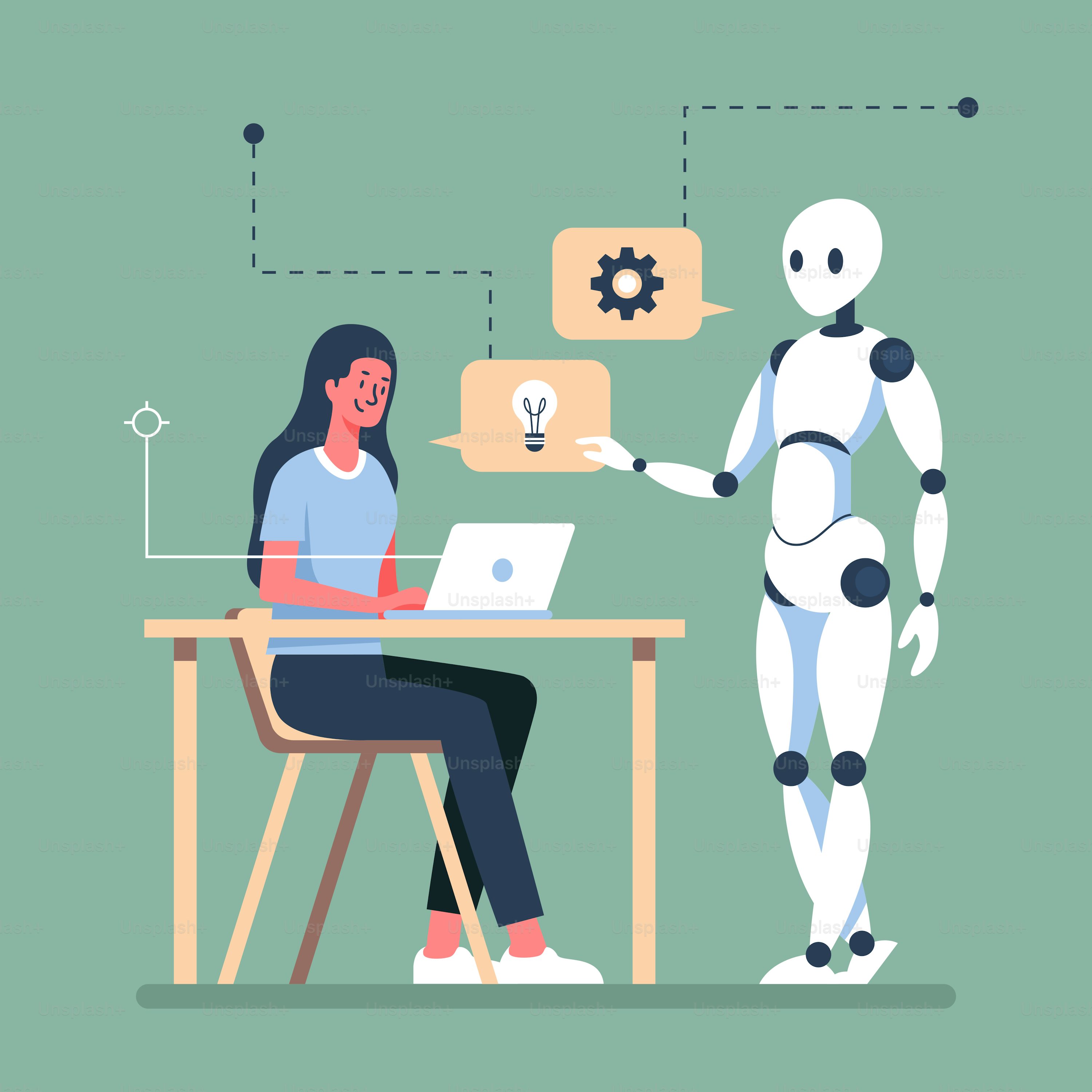 A woman sitting at a desk with a robot next to her