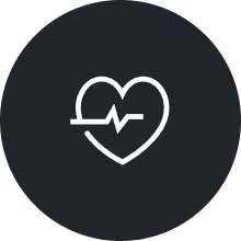 Heart with a heartbeat line icon in a dark circle.