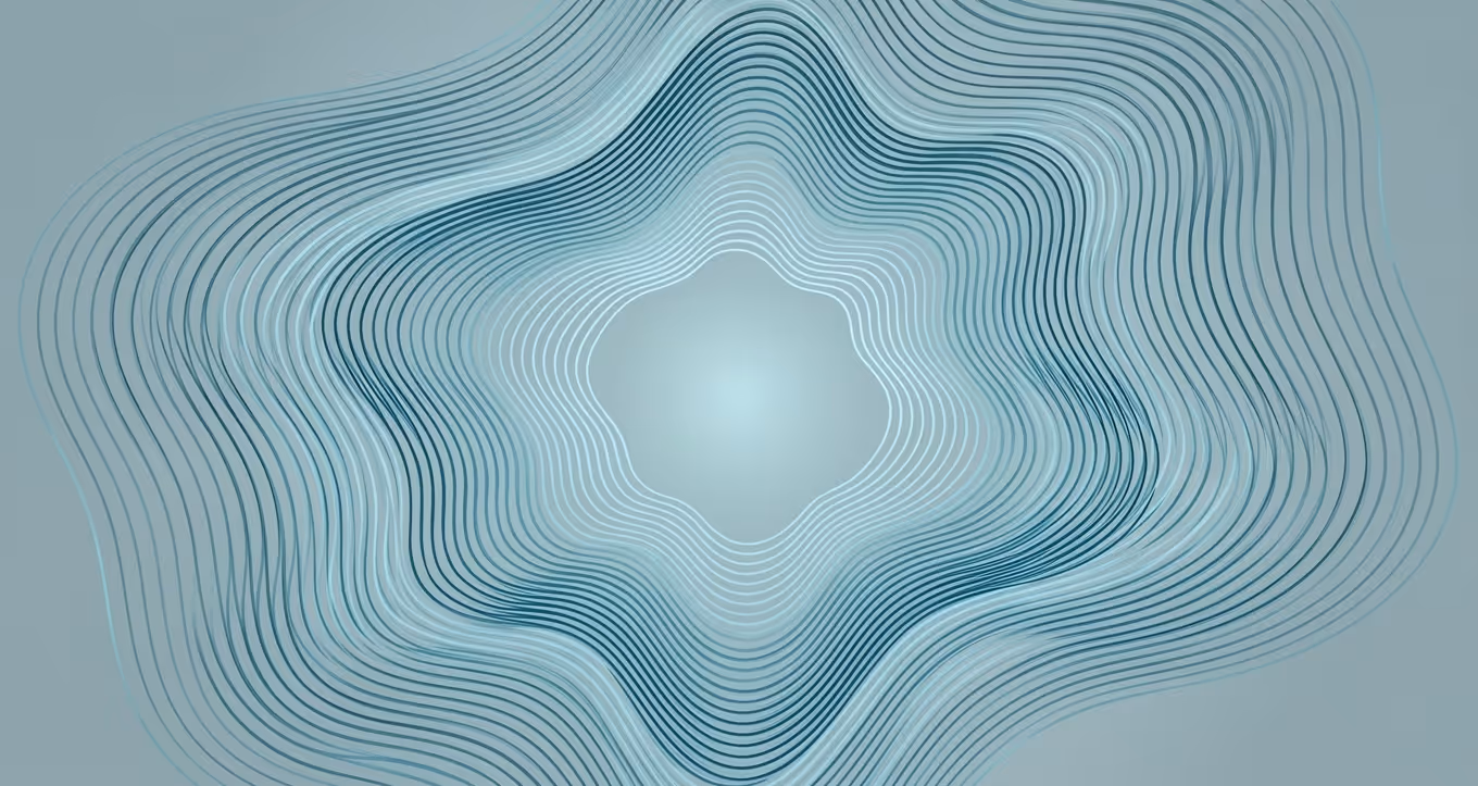 Abstract design with layered, wavy, concentric lines forming a star-like shape in shades of teal and light blue.