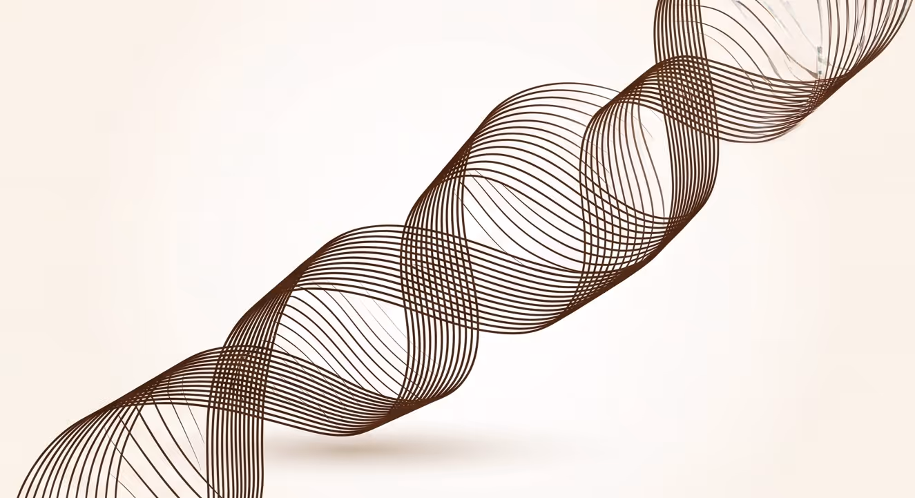 Abstract digital art of intertwined brown parallel lines forming a twisted ribbon on a light beige background.