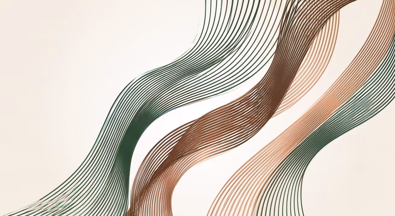 Abstract flowing wave-like lines in green and brown on a light beige background.