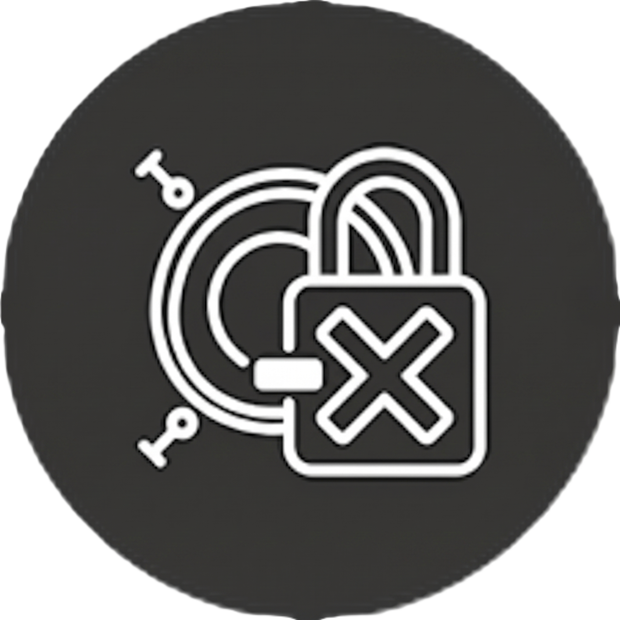 White padlock with an X symbol over a target with two keys on a black circular background.