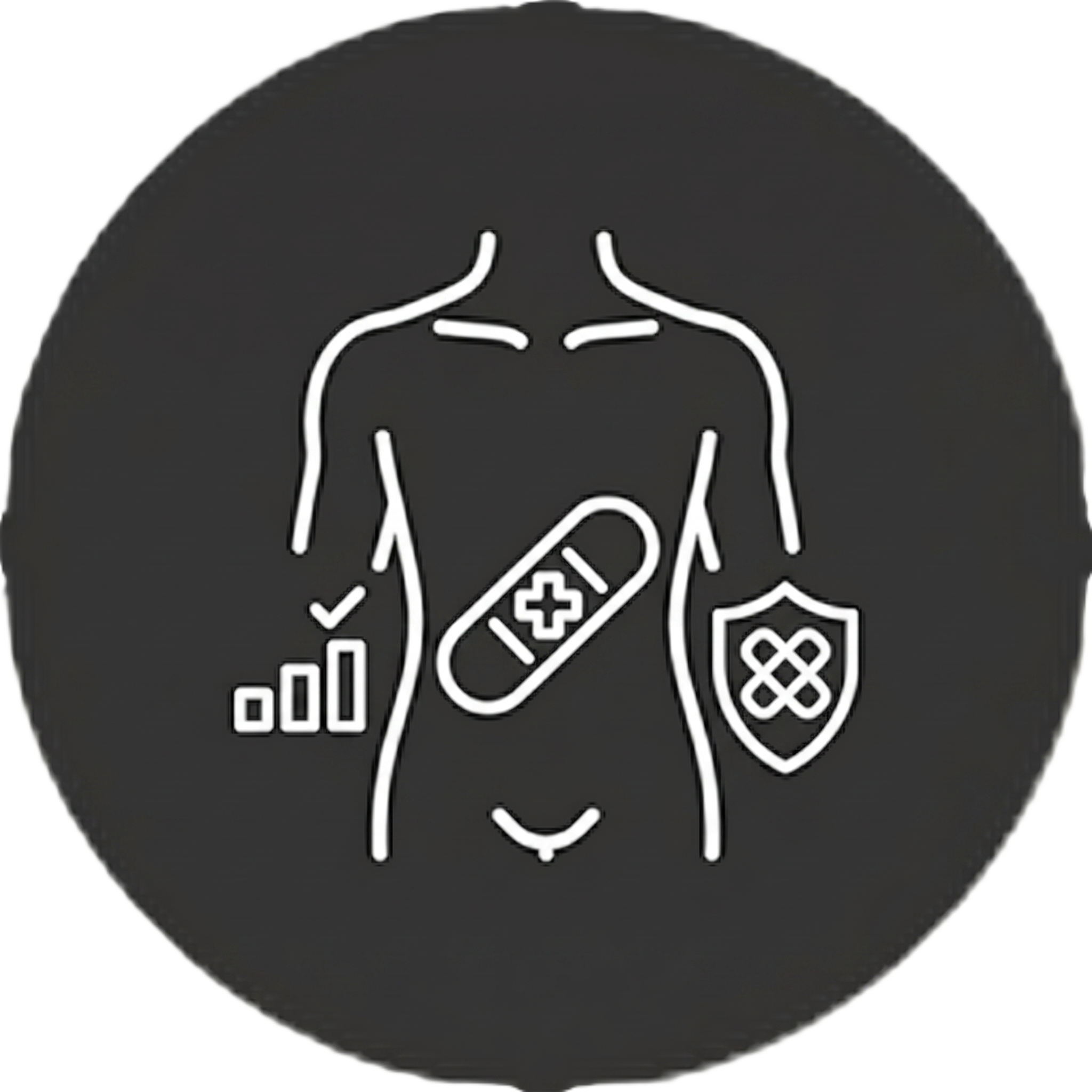 Outline of a human torso with a medical bandage on the abdomen, a shield with a bandage symbol on the right, and a checklist bar chart on the left.