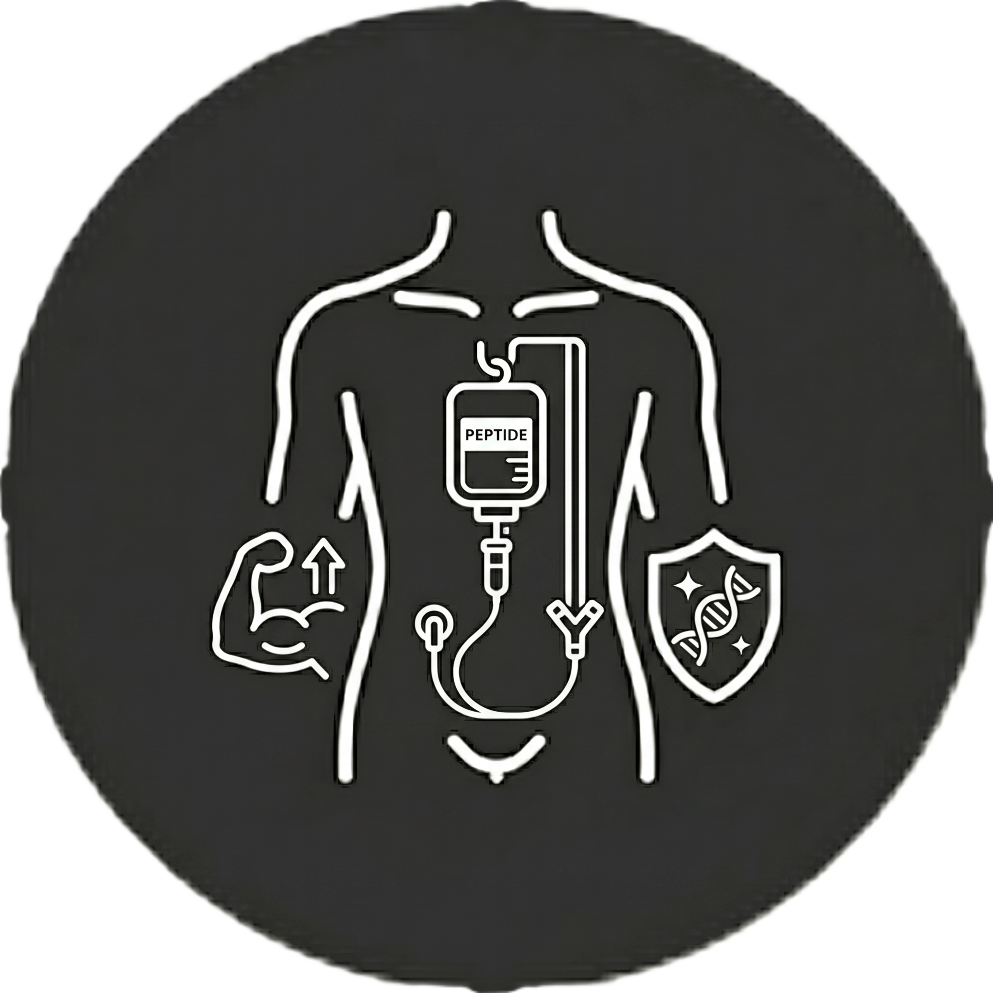 Illustration of a human torso with a peptide IV drip, a flexed arm muscle with an upward arrow, and a shield with a DNA helix symbol.