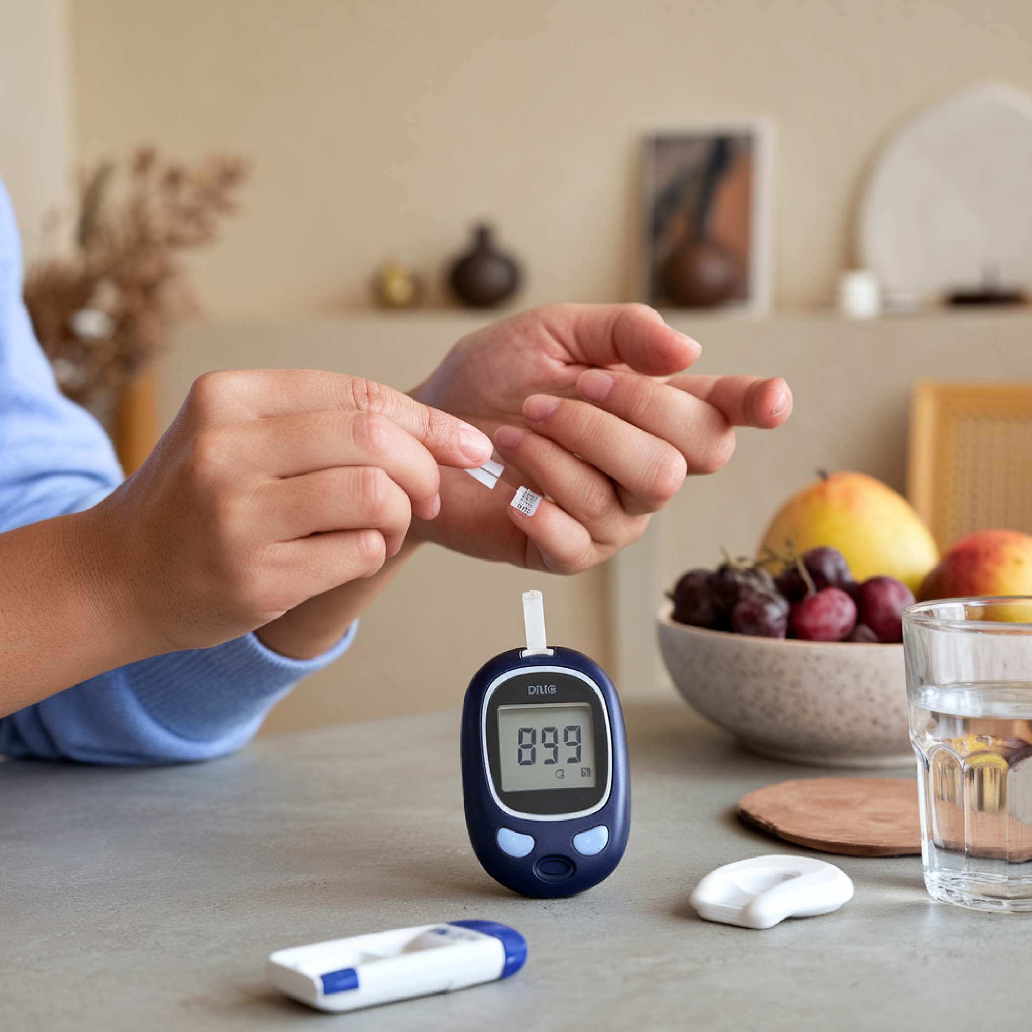 Person using a glucose meter with a test strip to check blood sugar levels, next to a bowl of fruit and a glass of water.