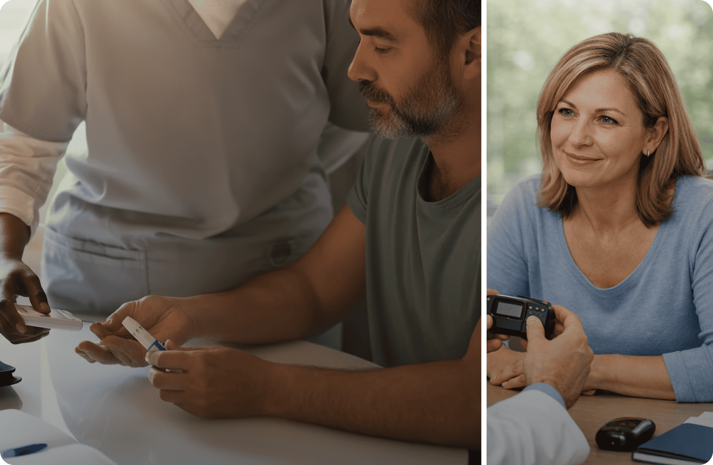 Medical professional assisting a man with a blood glucose test and a doctor explaining a glucose meter to a smiling woman.