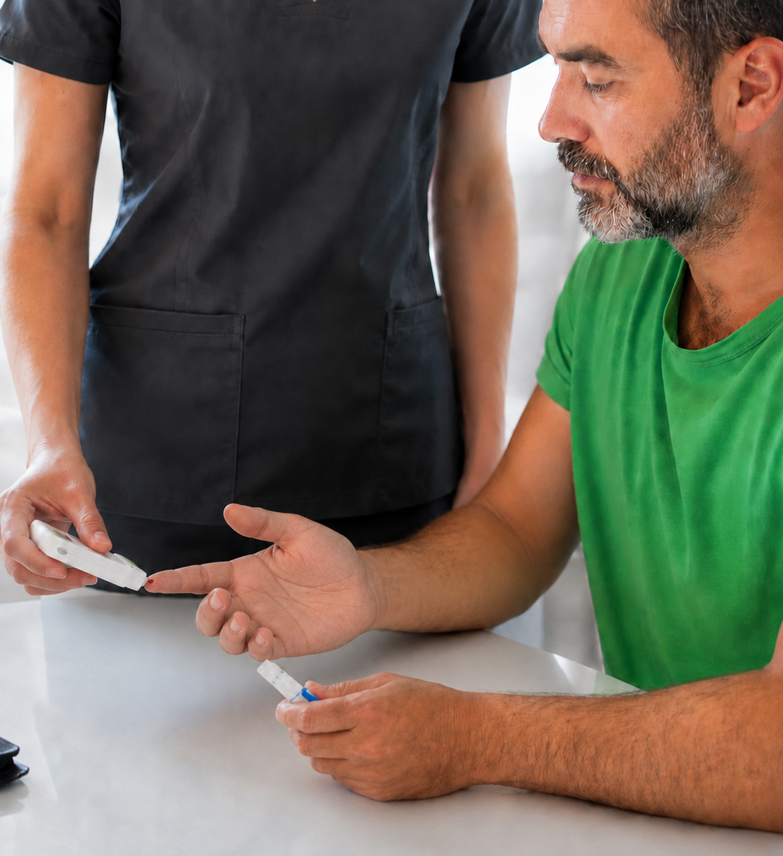 Male patient in green shirt having a finger blood sugar test performed by a healthcare professional in black scrubs using a glucometer.