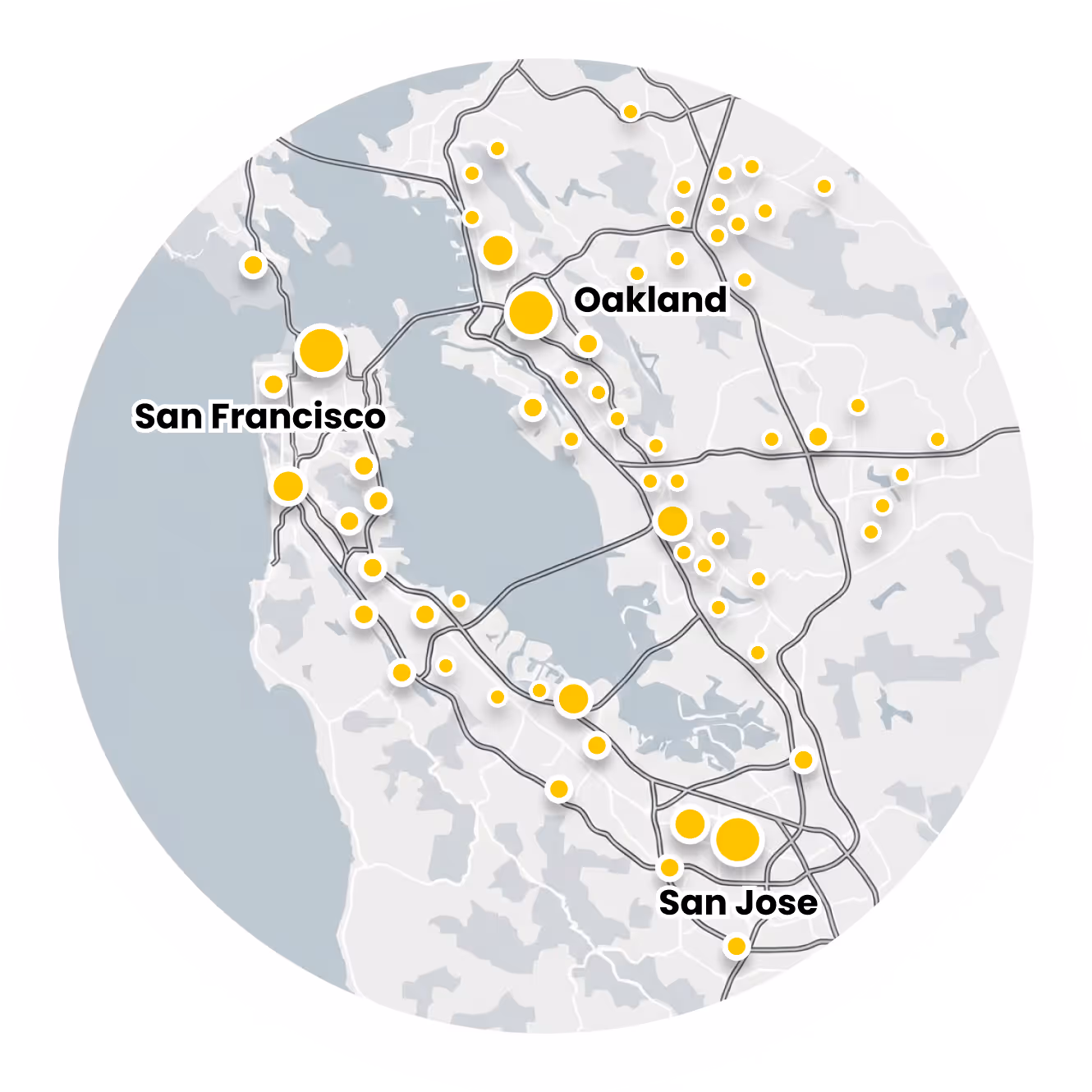 Map highlighting San Francisco, Oakland, and San Jose with yellow circles of varying sizes.