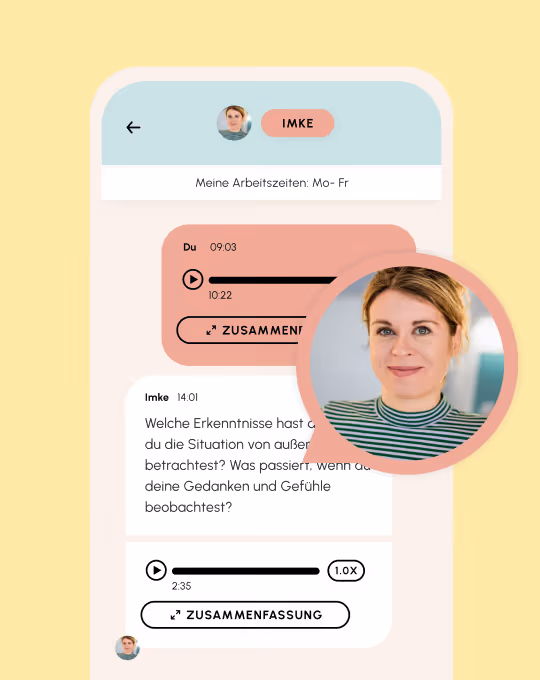Chat-Interface zeigt eine Gesprächsübersicht zwischen zwei Personen mit Audio-Nachrichten und Text. Ein kleines rundes Foto einer Frau mit grün-weiß gestreiftem Oberteil ist hervorgehoben.