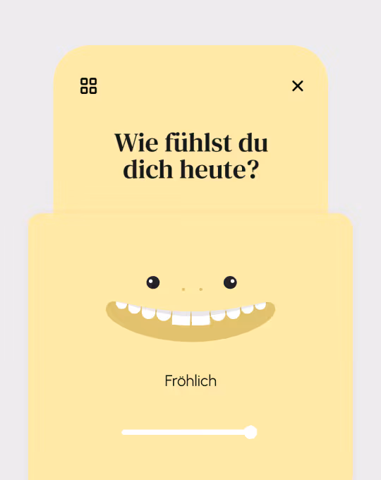 Ein gelbes, lächelndes Gesicht mit großen Augen und zwei hervorstehenden Zähnen, darüber die Frage ‚Wie fühlst du dich heute?‘ und darunter der Schieberegler mit der Stimmung ‚Fröhlich‘.