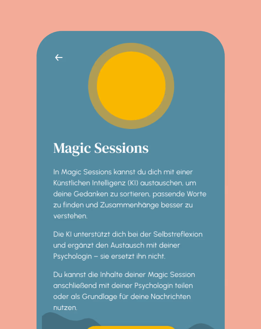 Smartphone-Bildschirm mit der Überschrift 'Magic Journal' und Beschreibung auf Deutsch über das Zurückhalten von Momenten, Gedanken sortieren und eine KI, die Themen erkennt für späteren Chat.