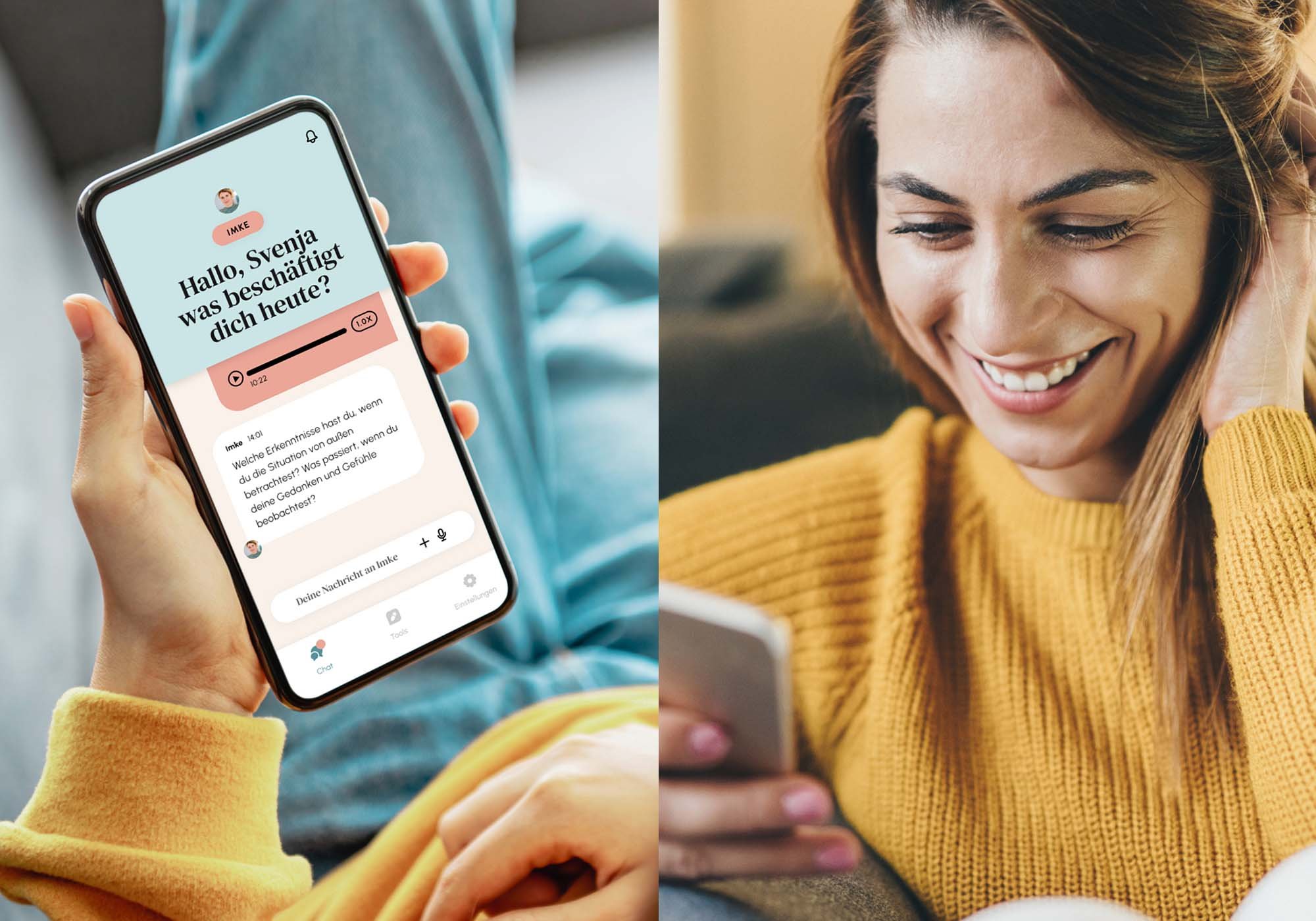 Eine Frau nutzt die AllyTime App auf dem Smartphone und tauscht sich per Nachricht mit ihrer Psychologin aus