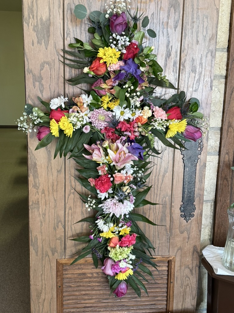Cross made of flowers at Redeemer Lutheran Church in Arkansas City KS