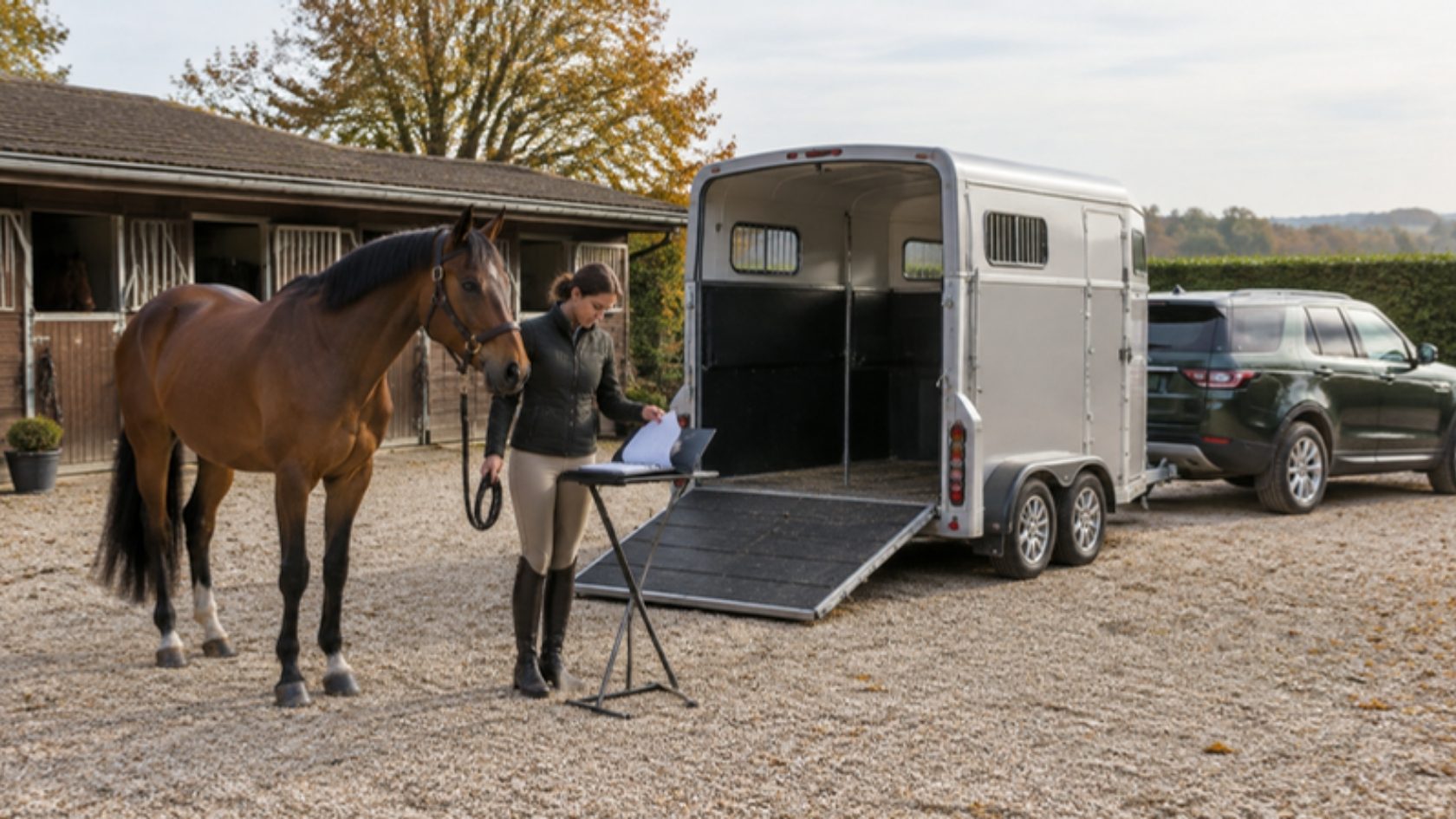 Cavalière tenant un cheval bai près d'un van deux places attelé à un SUV, documents en main, dans la cour d'une écurie.