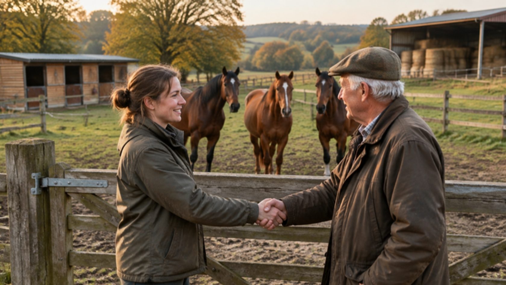 Éleveuse et propriétaire foncier se serrant la main devant un pré clôturé où paissent trois chevaux, avec des boxes en bois à l'arrière-plan.