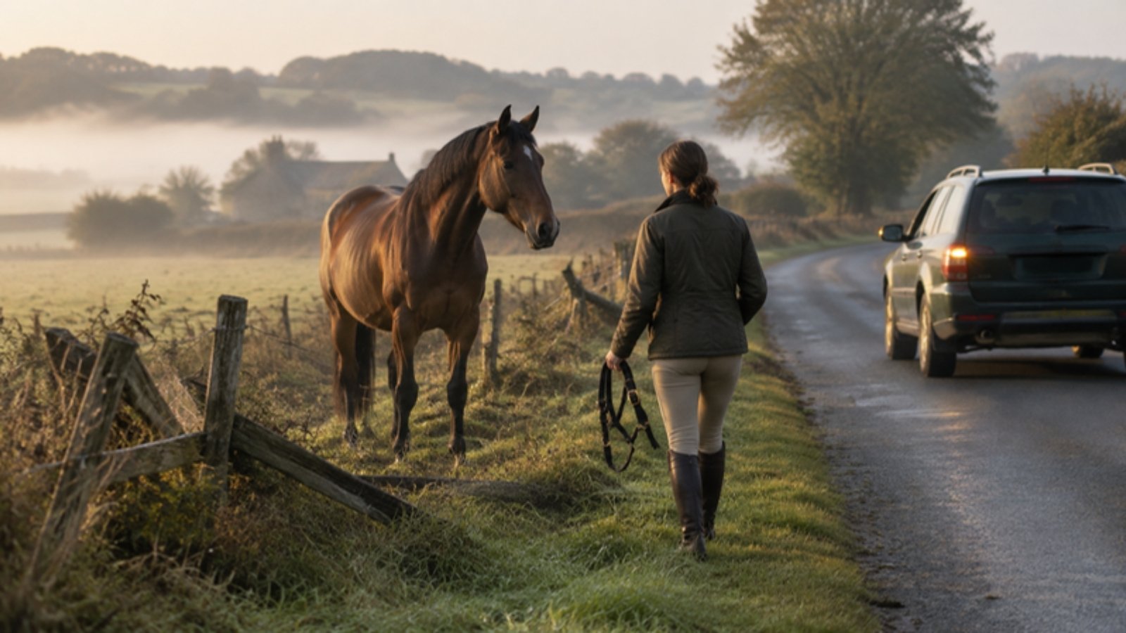 Cheval bai échappé au bord d'une route de campagne devant une clôture cassée, voiture arrêtée feux de détresse allumés et cavalière qui s'approche avec un licol.