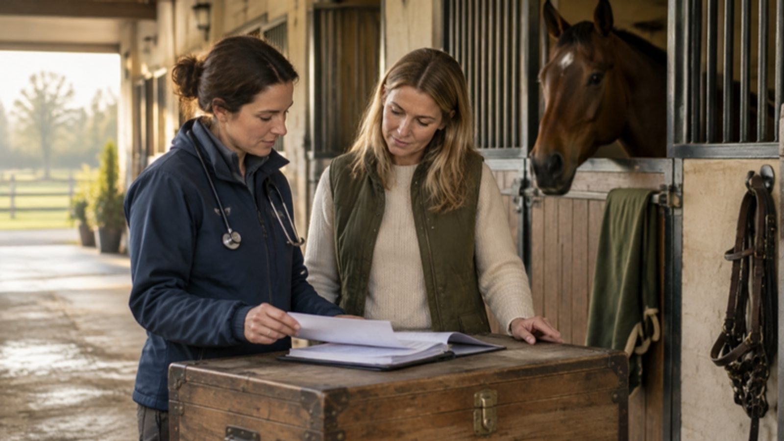 Vétérinaire équin et propriétaire examinant un dossier d'assurance sur une malle en bois dans une écurie, un cheval bai les observant depuis son box.