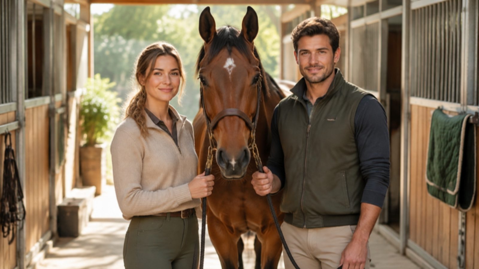 Deux cavaliers copropriétaires tenant ensemble un cheval bai dans l'allée ensoleillée d'une écurie
