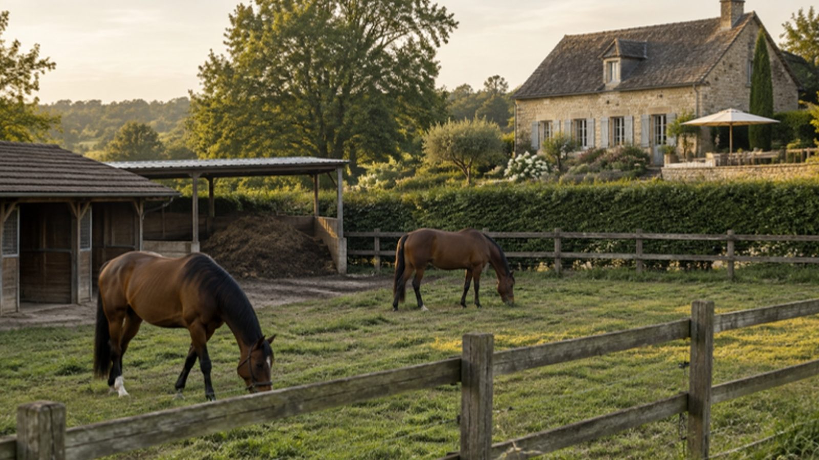 Petite écurie rurale avec fumière couverte et chevaux au pré, à côté d'une maison voisine en pierre