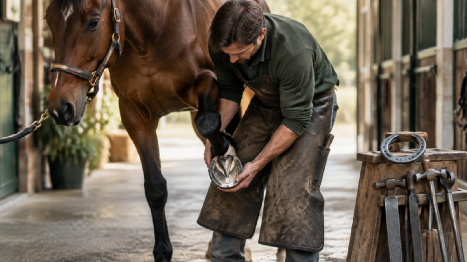Maréchal-ferrant tenant le pied antérieur d'un cheval bai dans une allée d'écurie, outils de ferrage à côté
