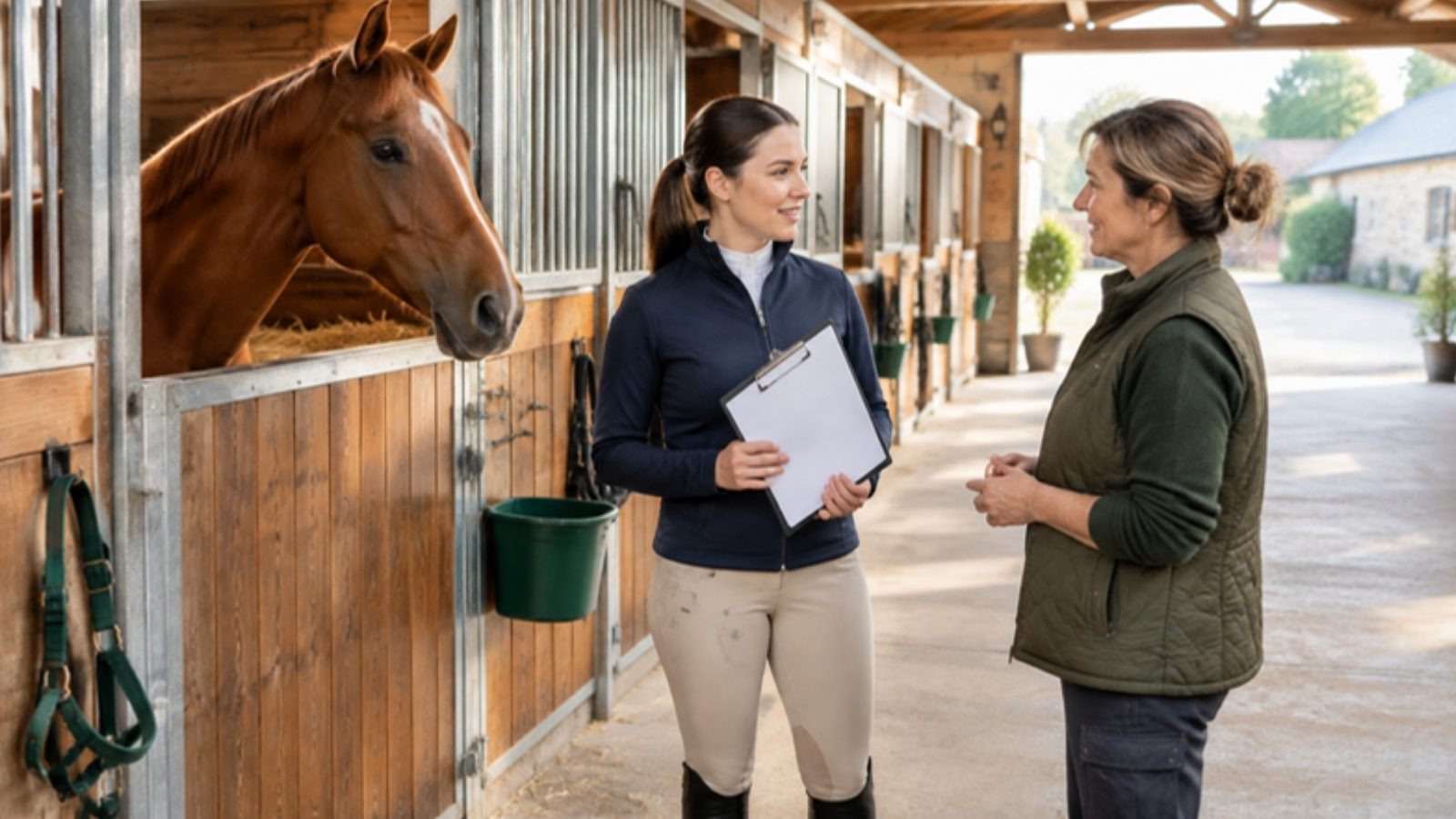Propriétaire et responsable d'écurie échangeant devant un box où un cheval alezan passe la tête, dans une allée d'écurie