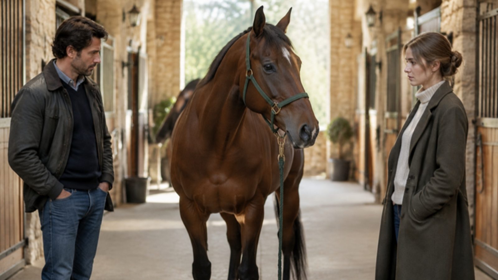 Un homme et une femme se tiennent de part et d'autre d'un cheval bai dans une allée d'écurie, après leur séparation