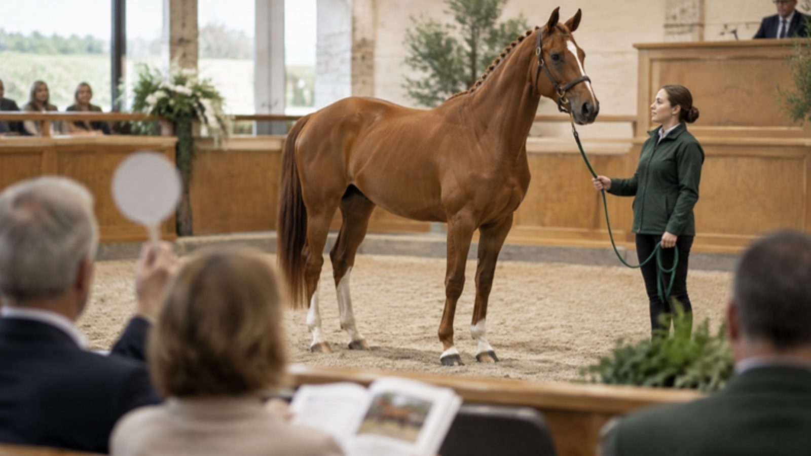 Un cheval alezan présenté sur la piste d'une vente aux enchères devant des enchérisseurs tenant un catalogue
