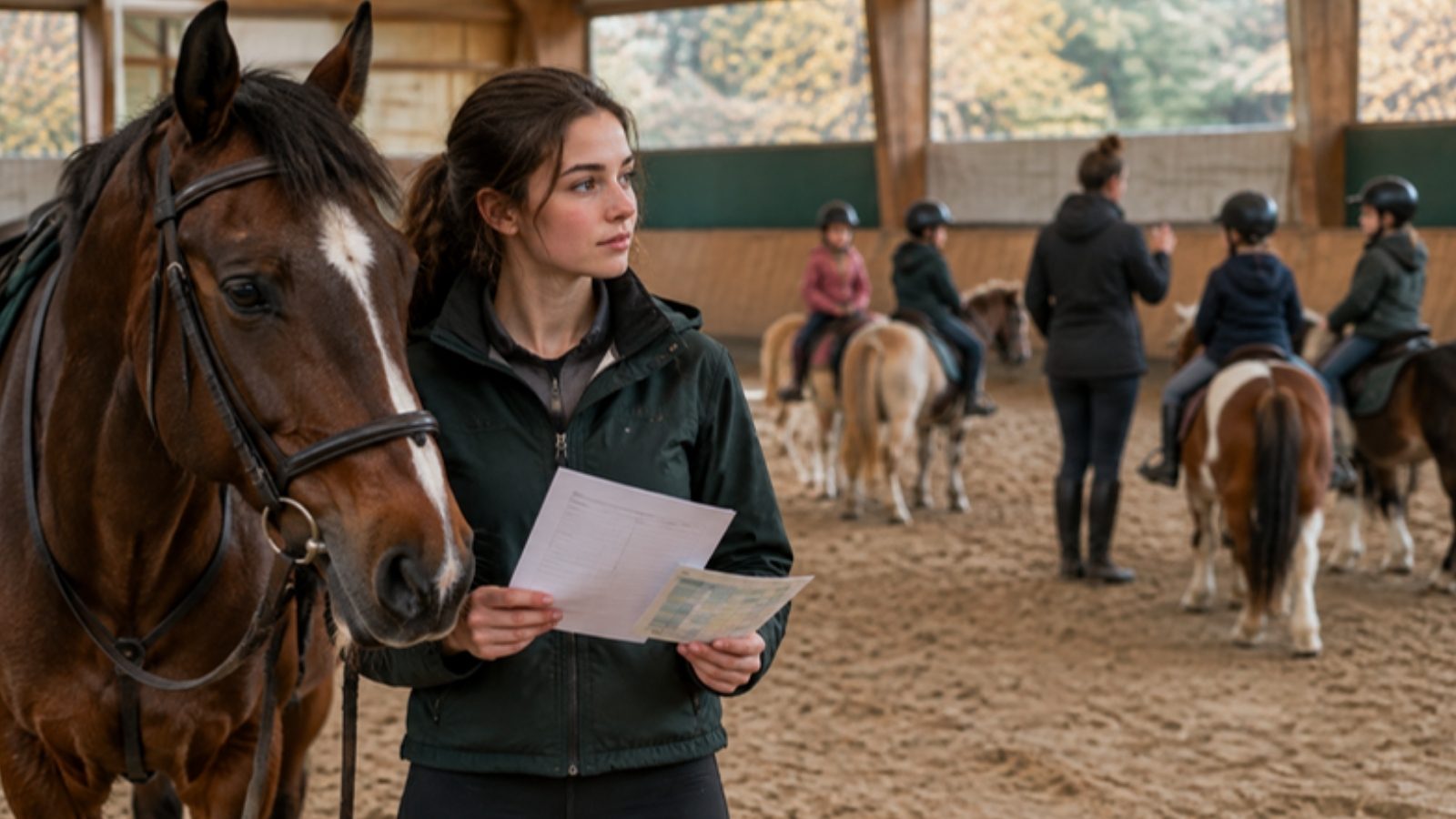 Une cavalière tient une fiche d'inscription près d'un cheval bai dans le manège d'un centre équestre pendant un cours d'enfants à poney