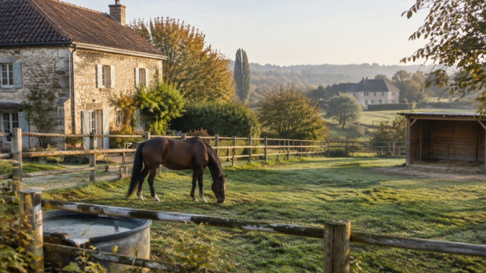 Un cheval bai broute dans un pré clôturé derrière une maison en pierre, avec un abri en bois et un abreuvoir, une maison voisine au loin