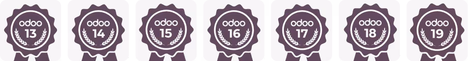 Seven badges labeled Odoo versions 13 through 19 in a row with laurel wreaths around the numbers.