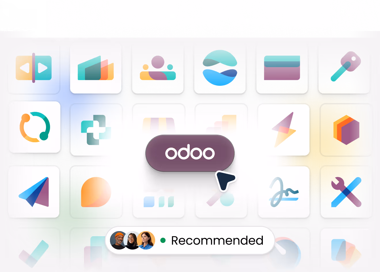 A grid of colorful app icons with a cursor pointing to a central purple oval button labeled 'odoo' and a 'Recommended' label below with three user avatars.