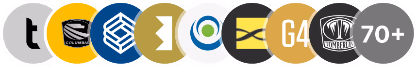 A row of overlapping circular logos representing various brands and a circle with '70+' text.