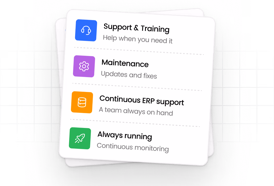 Stack of white cards listing services: Support & Training with a headset icon, Maintenance with a gear icon, Continuous ERP support with a database icon, Always running with a rocket icon.