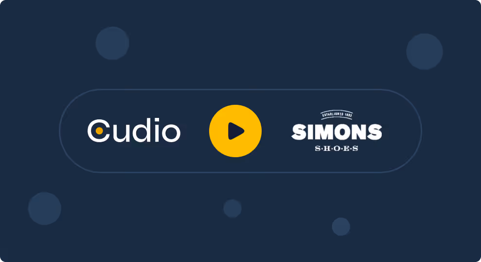 Dark background with a horizontal rounded rectangle containing 'Cudio' logo on the left, a yellow play button icon in the center, and 'Simons Shoes' logo on the right.