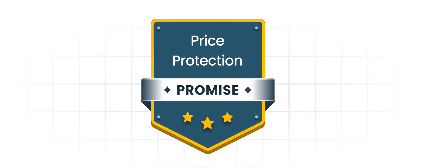 Blue shield with gold border featuring the words 'Price Protection PROMISE' and three gold stars below.