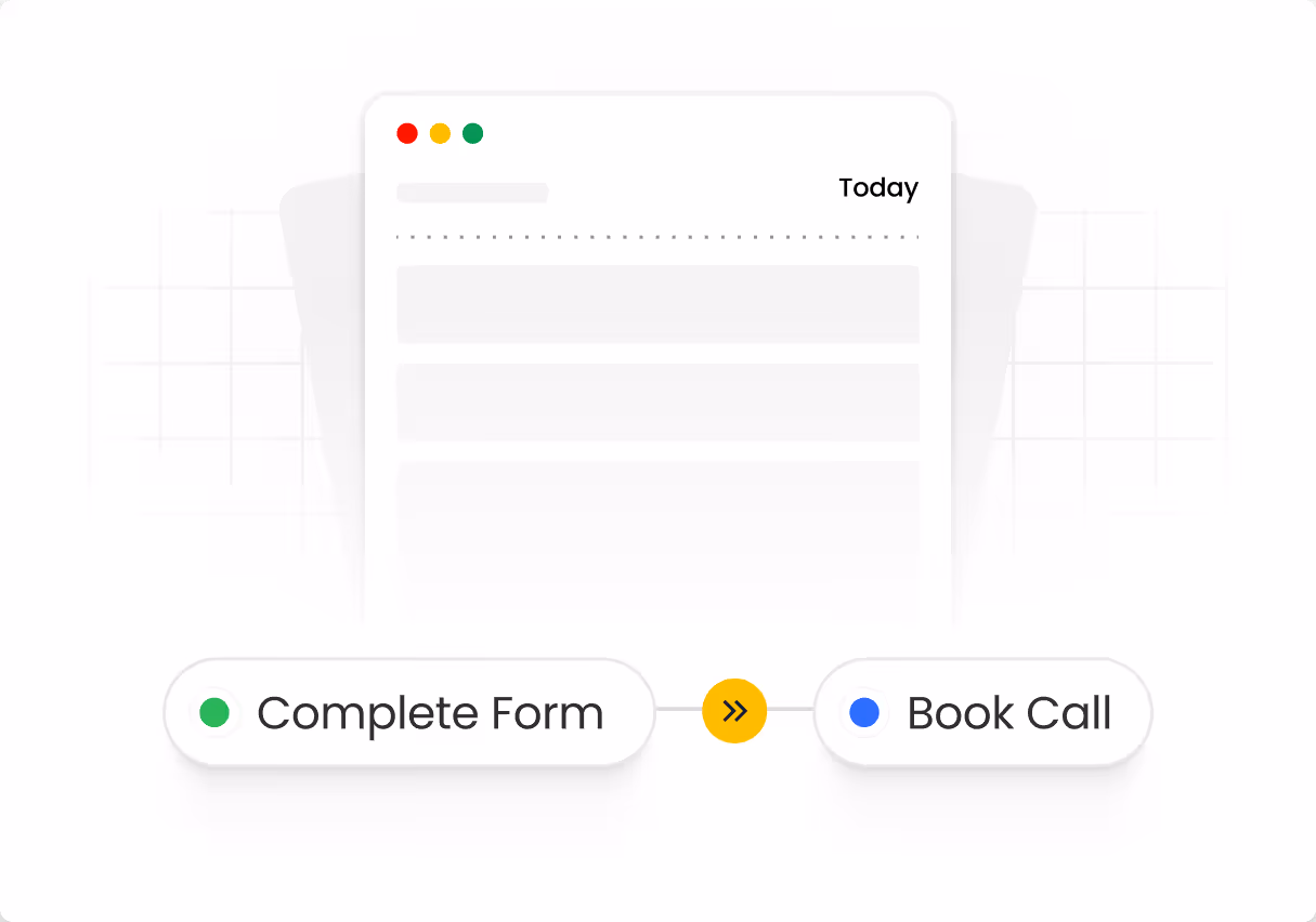 Illustration of a web page with two labeled buttons below: 'Complete Form' with a green dot and 'Book Call' with a blue dot, connected by a yellow double-arrow icon.