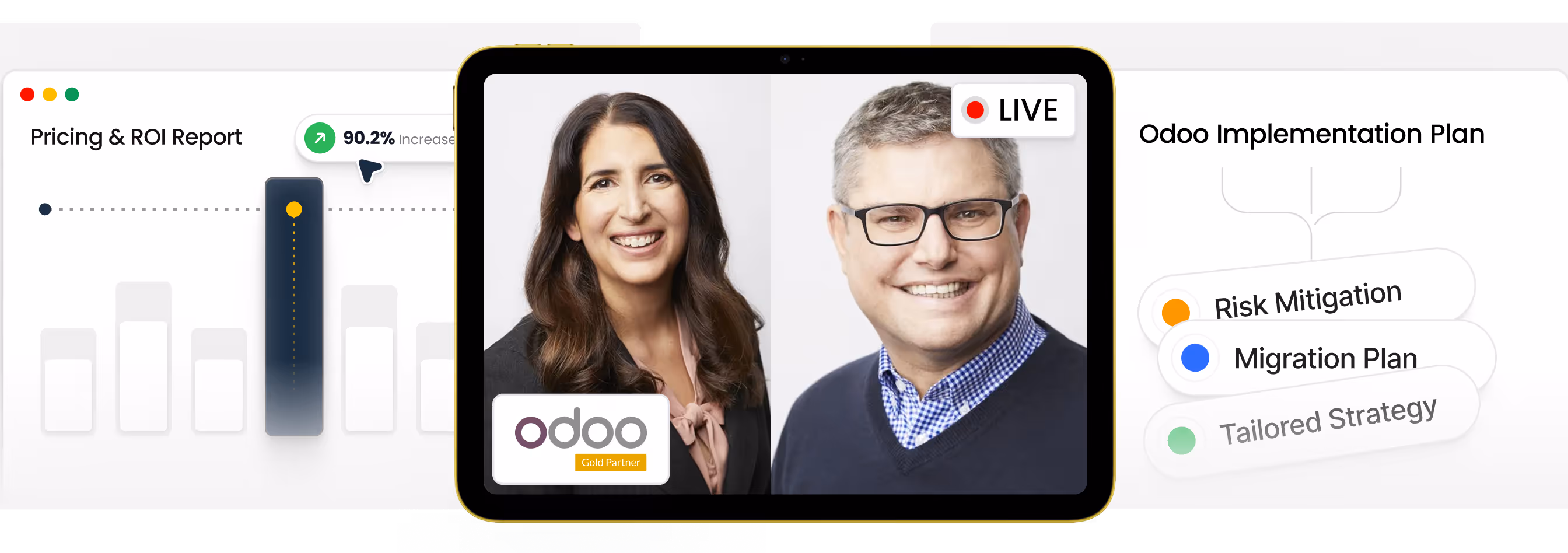 Tablet screen showing a live video call with a smiling woman and man, Odoo Gold Partner logo, pricing and ROI report bar chart, and Odoo implementation plan with risk mitigation, migration plan, and tailored strategy.