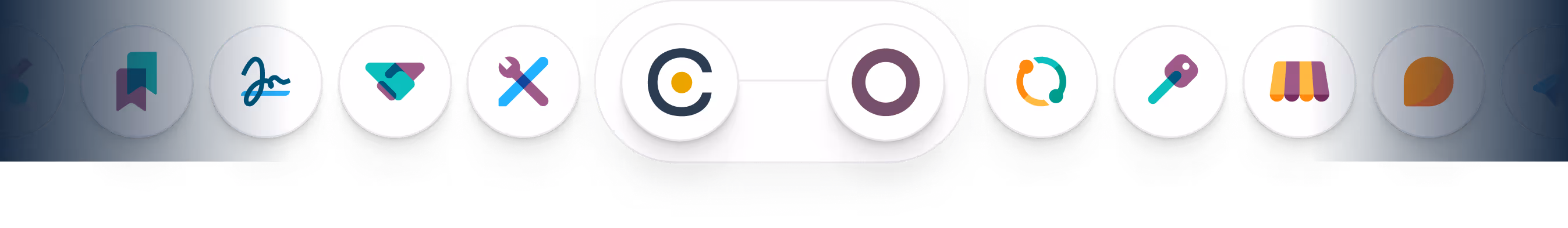 Horizontal row of circular app icons on a dark background, including designs with tools, tags, graphs, and abstract shapes.