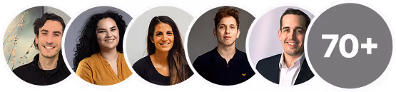 Five professional headshots of diverse individuals displayed in circular frames followed by a grey circle with white text '70+'.