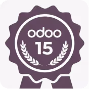 Circular purple badge with 'odoo 15' text and laurel wreath design.