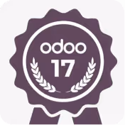 Purple ribbon badge with 'odoo 17' text and laurel branches inside a circle.